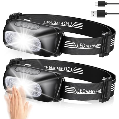 Babacom Stirnlampe LED Wiederaufladbar mit Bewegungssensor-Taste, 2 Stück Superhelle IPX6 Wasserdicht Kopflampe Stirnlampe mit 4 Beleuchtungsmodi, Verstellbarer Winkel und Riemen, zum Laufen, Angeln