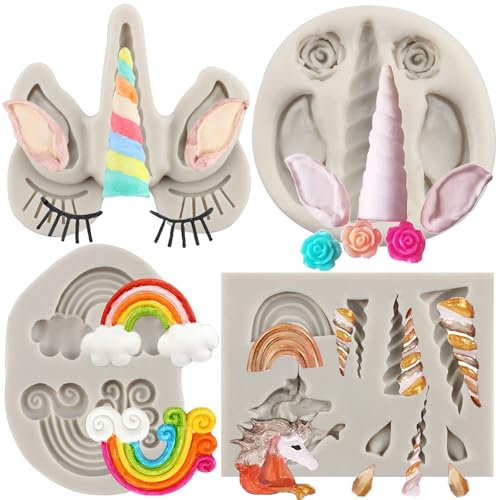 MYPRACS Set di 4 stampi in silicone a forma di unicorno, corno e arcobaleno, per decorazioni di torte, pasta di gomma, topper per cupcake, caramelle, cioccolato, argilla polimerica, MY163CK