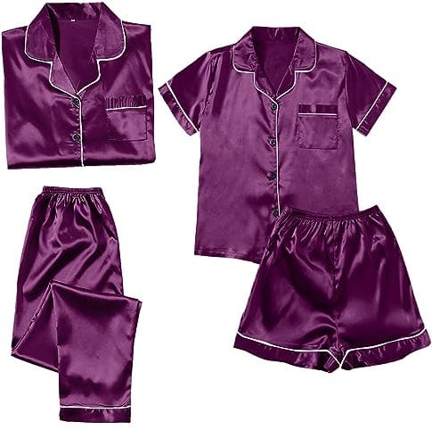 Damen-Pyjama-Set – 4-teiliges Pyjama-Set für Damen, Pyjama, große Größe, Pyjamas für Frauen, lässig, Pyjamas, Damen, Spitze, Träger, Shorts, Heimkleidung, violett, 42