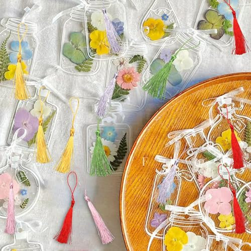 Bateya Trockenblumen Lesezeichen, 40 Stück Transparente Lesezeichen Getrocknete Blumen, mit 10 Bunten Quasten, DIY Hausgemachte Lesezeichen, Glasflasche Wunschflasche Aufkleber