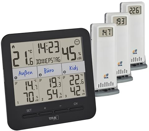 TFA Dostmann Igrometro con sensori multipli wireless Klima@Home 2, 30.3075.01, monitor dell’umidità e temperatura in più stanze, con orologio radiocontrollato e data, ambienti interni e esterni, nero