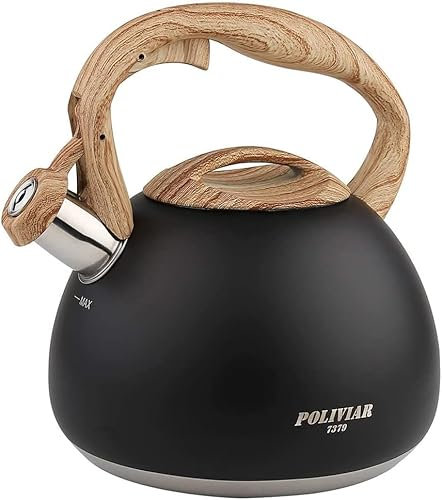 POLIVIAR Stove Top Kettle, Black Stovetop Kettle 2.7 L, Audible Whistling Kettle, Food Grade Stainless Steel for Anti-Rust and Anti Hot Handle, Suitable for All Heat Sources