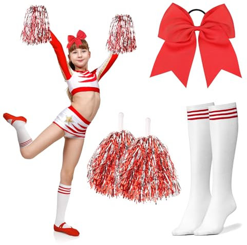 DPKOW Damen Cheerleader Kostüm Zubehör, Mädchen Cheerleader Kostüm Karneval Kölle Damen Mädchen Football Kostüm Zubehör Cheerleader Pompons Rote Schleifen Haargummis Strümpfe Damen Halloween Zubehör
