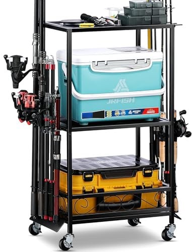 EXTCCT Fishing Rod Holder - Fishing Pole Rack for 10 Rods - Adjustable Height Fishing Gear Equipment Organizer Storage Solution for Garage Basement or Indoor