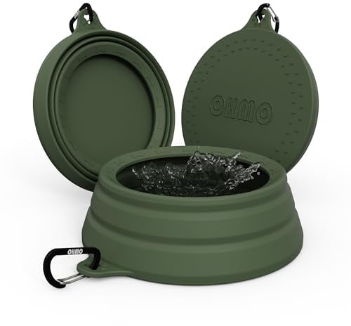 OHMO Large Non Spill Collapsible Dog Bowl, 1000 ml, Camo Green | Foldable Silicone, Wide Stable Base, Small Drinking Opening, Reduced Splashes & Tipping, Durable, Travel, Easy to Clean