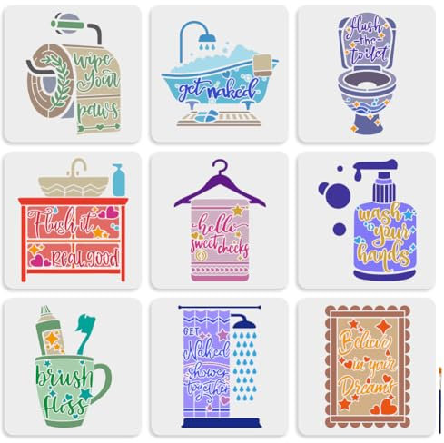 MAYJOYDIY Lot de 9 pochoirs pour articles de toilette - 30 x 29 cm - Grand modèle sur le thème des articles de toilette avec pinceau à peinture, rouleau de papier, serviette de bain, douche, pochoir