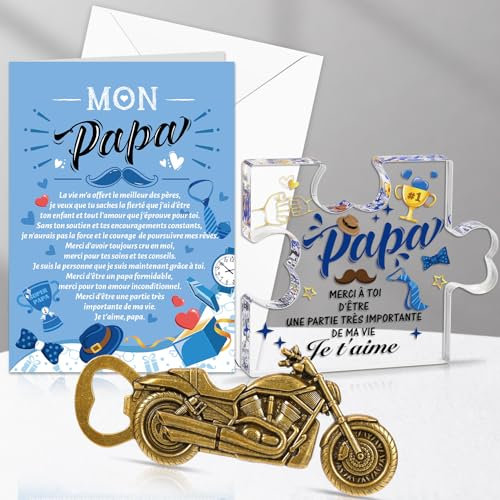 DPKOW Cadeau pour Papa, Plaque Acrylique Papa Ouvre-Bouteille Je t'aime Papa Carte de Vœux avec Enveloppe pour Fête des Pères Cadeau Anniversaire Noël Papa Merci Cadeau Meilleur Papa Décapsuleur