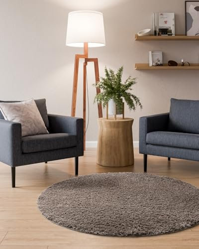 Interiyou Hochflor Teppich Sofia - 120x120 cm Rund Taupe - flauschig und einfarbig - waschbar und rutschfest - weicher Langflor