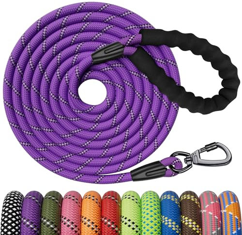 Kdsvakd Training Lead for Dogs, 5m / 16ft Rope Dog Lead with Carabiner Clip and Padded Handle, Reflective Recall Puppy Leash for Puppy, Small, Medium, Large Dog, Purple