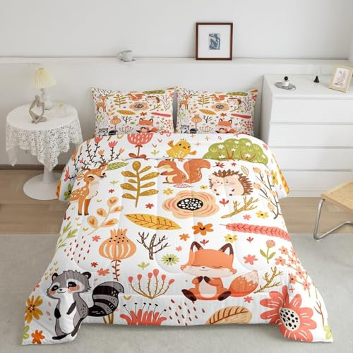Feelyou Kawaii-Tier-Bettwäsche-Set für Kinder, niedlicher Fuchs, Wald, Waschbär, Wildtier-Druck, Blumenblätter, Steppdecke, Bettbezug-Set, bunt, Kleinkind-Schlafzimmer-Dekor