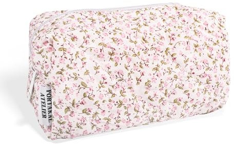 Handgemachte Kosmetiktasche aus Baumwolle Peonies | Quilted Makeup-Bag | Schminktasche | blumig & kariert | Make Up Tasche | Small 17x11x9cm