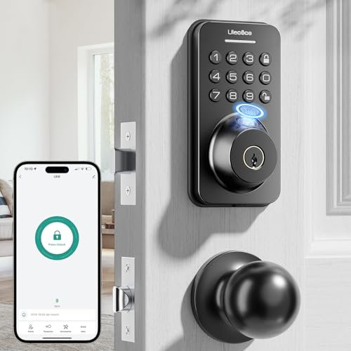 Ulecoce Fingerprint Keypad Deadbolt with Handle Set, Keyless Entry Door Lock, Door Locks for Front Door Lock Set, App Control, Auto Locking, Easy to Install, Matte Black