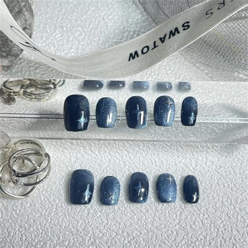 Nail Tips, False Nails, Tips Art, Press on Nails Handmade Press On Nails Dark Blue Stars Glitter Fake Nails Short Cat Eye Finished Wearable Decoration Nails Finger Tips(S)