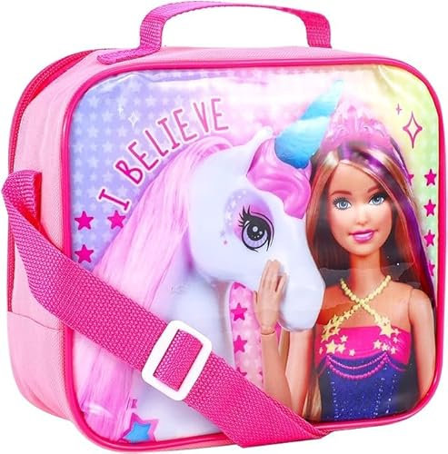 Top Linen Kids Insulated Lunch Bag Set - 3pcs Children Travelling Food Box Set Includes Insulated Bag, Sandwich Box, & Bottle - BPA Free - Barbie & Unicorn Lunch Box