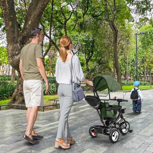 Kinderdreirad Tricycle für Kinder ab 12 Monate bis 5 Jahren mit Abnehmbarer Sonnendach&Schubstange Dreiräder,Jogger, mit Dachfenster, Sicherheitsgurte, 360 Grad Drehbar4 in 1 (grün)
