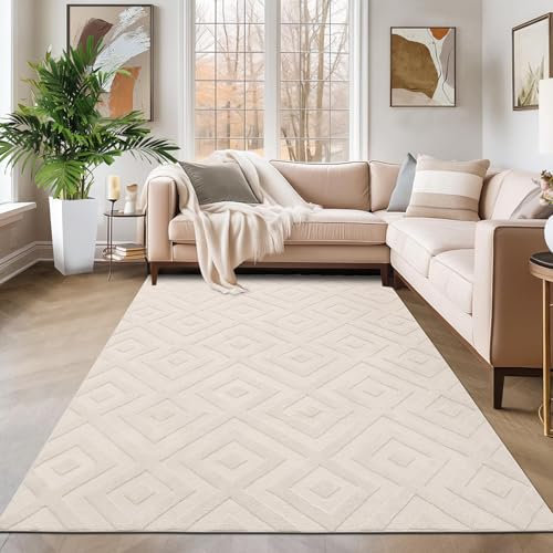 SHACOS Waschbarer Teppich Wohnzimmer Kurzflor 120x160 cm Weicher Teppich Modern Beige Wohnzimmerteppich mit Hoch-Tief-Effekt 3D Effekt rutschfeste Teppiche für Schlafzimmer, Esszimmer, Kinderzimmer