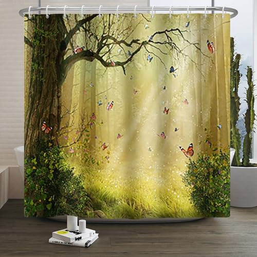 Xiaoterna Feenmärchen Wald Duschvorhang Fantastischer Dschungel Badezimmer Vorhang Schmetterling Duschvorhang Sonnenaufgang Landschaften Duschvorhang Maschinenwaschbar Wasserdichter Stoff 180x180cm