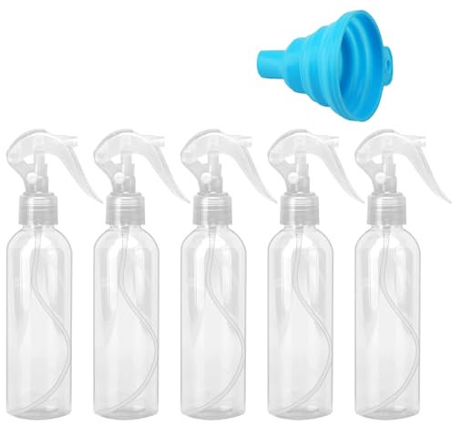 DAKLUNAR 5 botellas pulverizadoras con embudo plegable, 200 ml, botella pulverizadora de plástico, botella pulverizadora para plantas, rellenable para cabello, limpieza, plantas, cosméticos