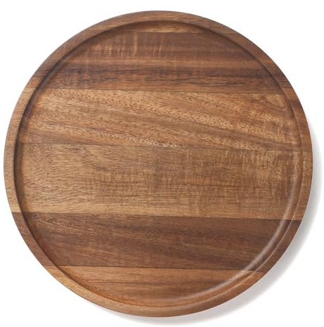 Round Wood Tray, Acacia Wooden Decorative Serving Tray for Coffee Table and Home Decor, Wooden Appetizer Charcuterie Board for Kitchen Countertop (20 x 20 x 2 cm)