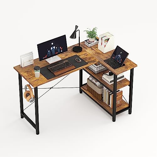 MUTUN Schreibtisch mit 2 Regalen, 120 cm Eckschreibtisch, Pc Tisch, Schreibtisch L Form, Schreibtisch mit Stauraum, Eckschreibtisch mit Stauraum, Gelb-Braun
