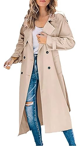 Generisch Damen Wollmantel Große Größen Zweireihiger Winter Mantel mit Taschen Gürtel Langarm Mittellanger Trenchcoat Mantel Beige Jacke Damen Beige Creme Winter