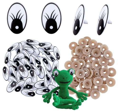 SUPERFINDINGS 40 Sets Kunststoffaugen Für Puppen Zum Basteln Große Spielzeugaugen Schwarze Cartoon Augen Mit Wimpern Süße Augen Für Tiere Flache Augen Mit Abstandshalter Bewegliche Augen Set