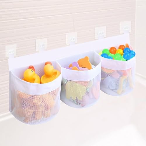 Bath Toy Storage Net, Bathroom Toy Hanging Organiser Mesh Bag 3 Compartment Large Opening Bathtub Toy Holder with 10 Adhesive Hooks Bath Toy Tidy Basket for Toy Storage and Classification