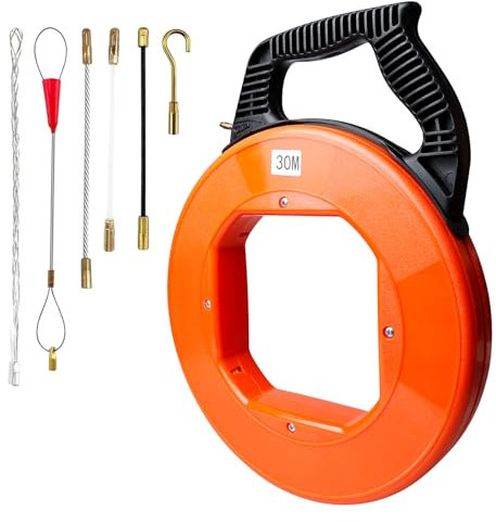 Kabeleinziehhilfe 30m, 4mm, Einziehspirale mit Einziehfeder, Kabelziehhilfe mit Kunststoffgehäuse und Handgriff, Zugdraht für Leerrohre mit 6 Adapter, Einziehfeder für die Kabelverlegung