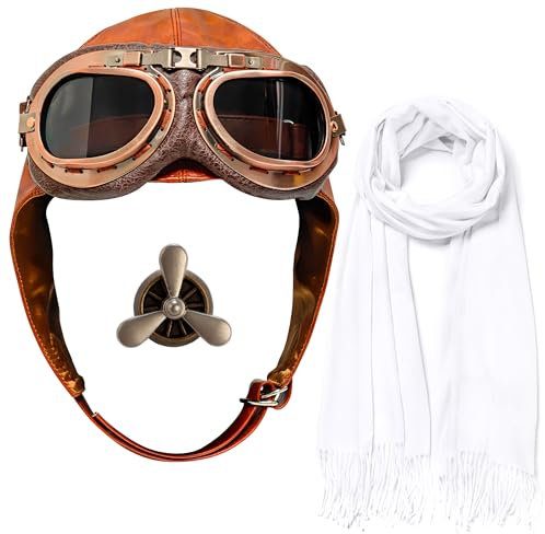Horolam Flieger Hut Brille Set, Flieger Kostüm Se Pilot Kostüm Zubehör mit weißem Schal Brosche für Männer Erwachsene Frauen (Braun)