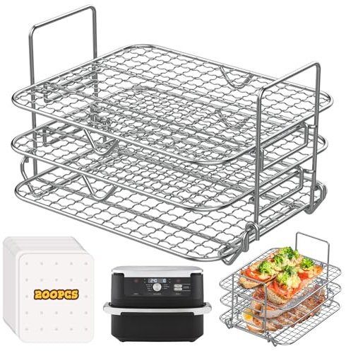 FTUREERA Grille de cuisson à 3 étages compatible avec Ninja Foodi AF500EU, grille de cuisson Airfryer multifonction pour Ninja Flex Drawer AF500EU 10,4 l, avec 200 feuilles de papier sulfurisé