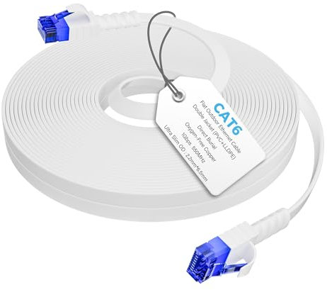 Mygatti CAT 6 Câble Ethernet plat 5 Mètres-Blanc,Gaine double couche(PVC+LLDPE) Pour usage extérieur,câble réseau 1.0 Gigabit,durable,étanche,installation directe,pour caméra POE,routeur/modemBlanc