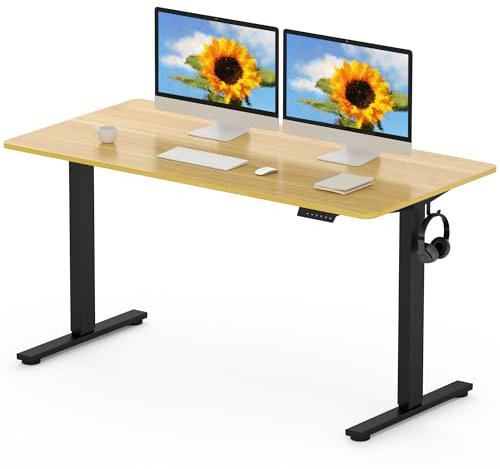 FLEXISPOT 140 x 80cm Electric Standing Desk ONE PIECE Height Adjustable Desk Sit Stand Desk with 4 Memory Smart Pannel and Backpack Hook for Home Office, (Black Frame+Maple Desktop)