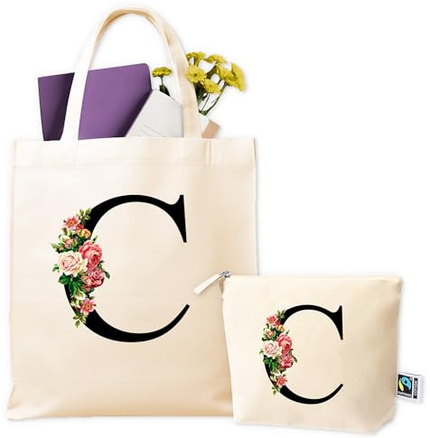 La Fábrica de Inventos Personalisierte Baumwolltasche Initiale & Kosmetiktasche – Geschenkset für Frauen, Mama – Tote Bag Damen Einkaufstasche Stoff – Personalisierte Geschenke Frauen
