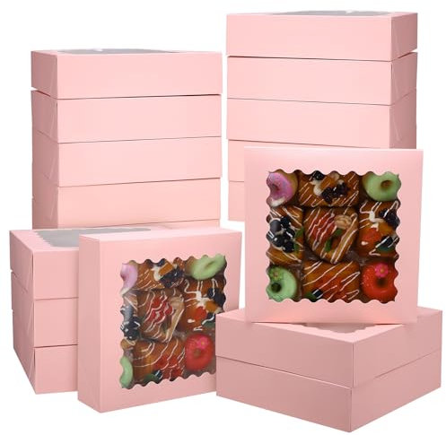 saerryor 15 Pack 25.5x25.5x6.5cm Pink Cookie Boxes with Window, Bakery Boxes Pre Folded Gift Packaging Box for Pastry Macaron Dessert Biscuit Chocolate