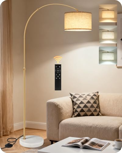 GOEBLESON Arc Floor Lamp Dimmable with Remote Control, Gold Beige