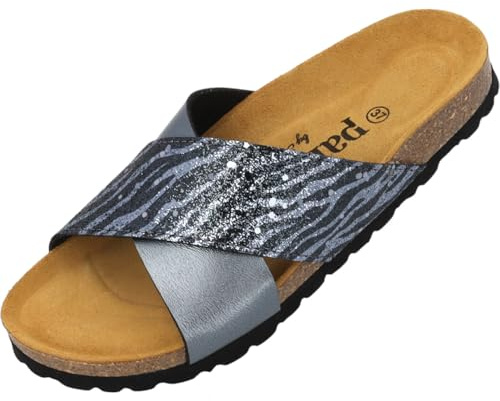 Palado Pantoletten Damen Rianel Wild by Sila Sahin - elegante Sandalen Made in Spain - bequeme Hausschuhe mit Kork-Fußbett - modische Sommerschuhe Grau Zebra UK5,5 - EU38
