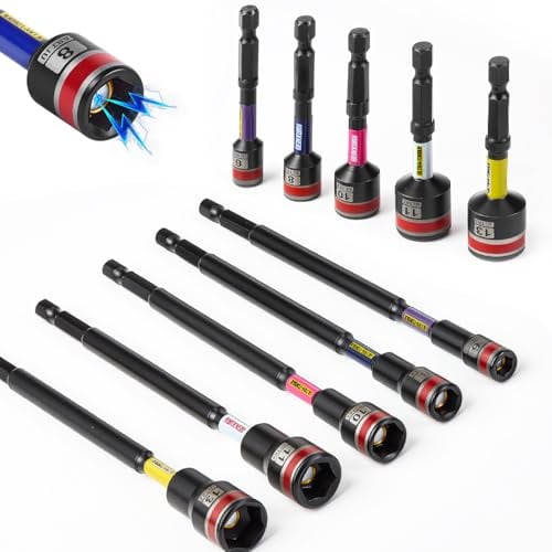 GEINXURN 10tlg Magnet Sechskant Stecknuss, 65mm 150mm Lang Metrische Steckschlüsselsatz 6mm, 8mm, 10mm, 11mm, 13mm, 1/4 Sechskantschaft Magnetisches Schlagschrauber Nüsse Adapter für Akkuschrauber