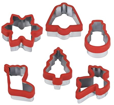 ME JO 6PCs Christmas Cookie Cutters Set | Silicone Edge Stainless Steel Pastry Cutters for Baking | Christmas Biscuit Cutters - Gingerbread Man Cutters Xmas Cookie Cutters for Baking - RED