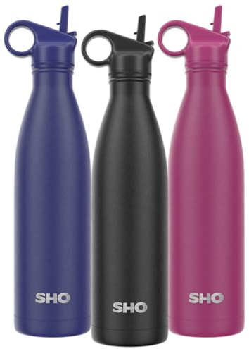 SHO Stainless Steel Water Bottle with Straw and Screw Lid - Leakproof, BPA Free, Vacuum Insulated Double Walled Metal Flask, 500ml - Original 2.0-12 Hours Hot 24 Hours Cold (750ml, Jet Black)