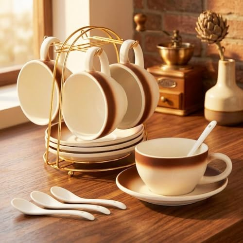 DUJUST Gradient Brown Cappuccino Cups Set of 4(8oz), Ceramic Latte Cup with Saucers, Spoons & Metal Stand, Elegant Gradient Design for Lovers of Cappuccino, Latte, Espresso & Americano, Gift Package