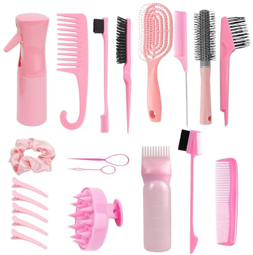 20 PCS Hair Brush Set, Brush Hairdressing Tools Comb Set Hair Braiding Tool Includes Spray Bottle Brush Hair Clips(Pink)