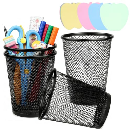 Gahhwei 4 Pack Black Mesh Pen Cups for Desk, Metal pencil pot | for office, school & home Desk Organizers and Storage; holds pens, rulers, scissors & brushes