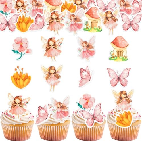 GoldRock Schmetterlinge Fee Tortendeko Essbar,48 Stk Essbare Blumen für Torte, Esspapier Feen Geburtstag Deko Torte,Essbare Tortendeko Elfen Blüten,Babyparty,Hochzeit,Kindergeburtstag Fee Muffins Deko