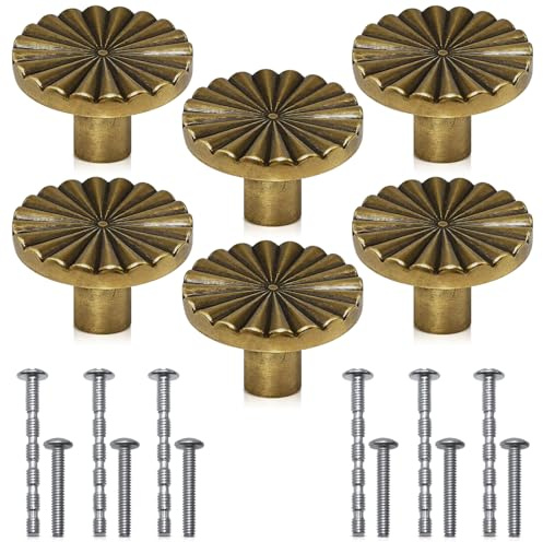 Lanstorm 6 Pcs Antique Brass Door Knobs, 30x20mm Zinc Alloy Cabinet Knobs, Round Cupboard Handles with Screws, Vintage Drawer Handles for Kitchen Cabinets Wardrobe Drawer Dressers Furniture