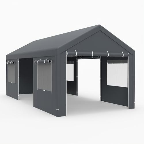 GOPLUS Tente Garage Carport 305 x 586 cm, Abri Voiture avec Bâche PE Imperméable, Parois Latérales Amovibles, Fenêtres, Tente Voiture pour Voiture, SUV & Moto (3x5,85x2,8M,Gris Foncé)