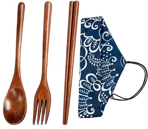 Bamboo Cutlery, Wooden Cutlery Set with Portable Pouch, 1Pcs Natural Wooden Spoons for Eating, 1Pcs Fork and Chopsticks, Complete Set for Home Dining and Outdoor Meals