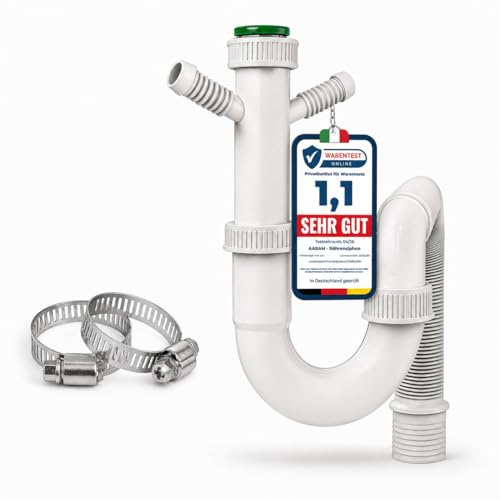 Spülbecken Siphon mit 2 festen Geräteanschluss 19–23 mm für Küchenspüle, 50cm kürzbar-Flexschlauch, Einsteck Wandanschluss 40, 50mm.