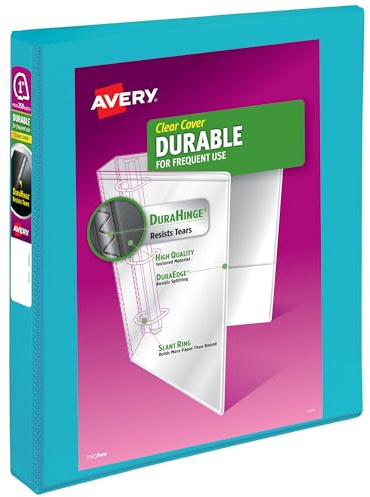 Avery Durable View 17295 Ringbuch, 2,5 cm schräge Ringe, 250 Blatt, DuraScharnier, 3,6 cm breiter Rücken, anpassbarer transparenter Einband und Rücken, 1 helles Aquablau