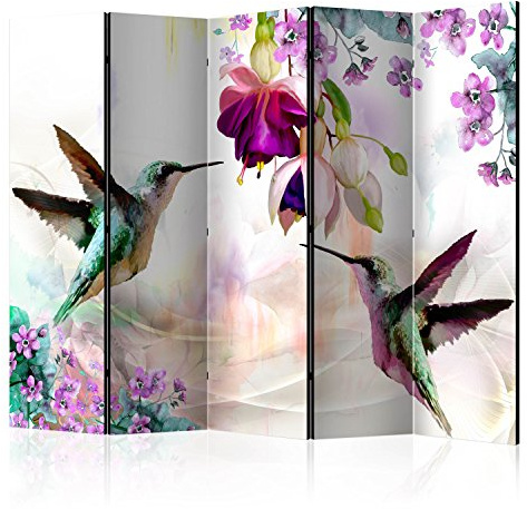 murando - Paravent Raumteiler Kolibri Natur Blumen, 225x172 cm, 5-teilig | Mobiler Sichtschutz, sofort einsatzbereit, Holzrahmen, ideal fürs Wohnzimmer oder Büro, geruchsneutral, lichtbeständig