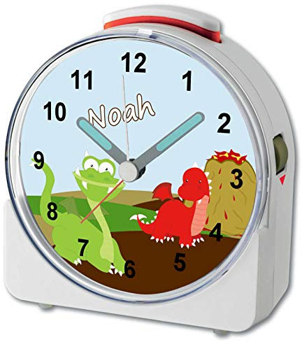 CreaDesign, WU-71-1093, Drache, analog Kinderwecker weiß, Funkwecker mit Sweep-Uhrwerk und fluoreszierenden Zeiger und Licht, personlisiert mit Namen, 10,2 x 4,6 x 11 cm